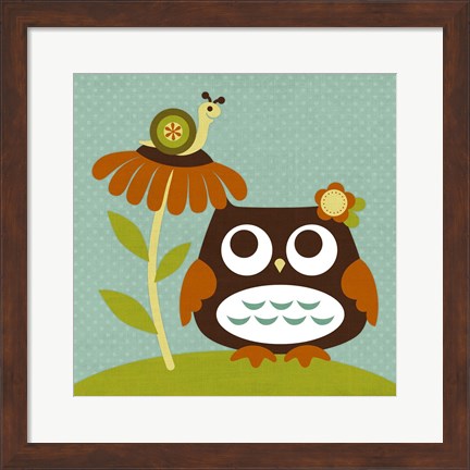 Framed Owl Looking at Snail Print