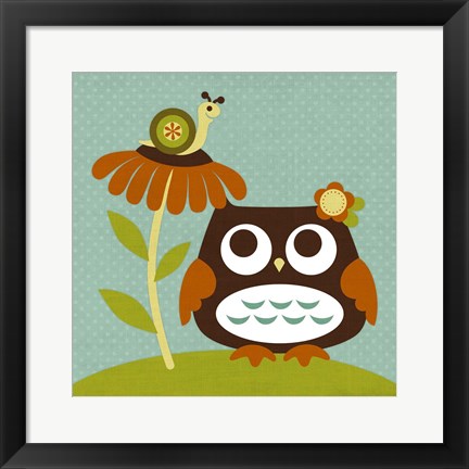 Framed Owl Looking at Snail Print