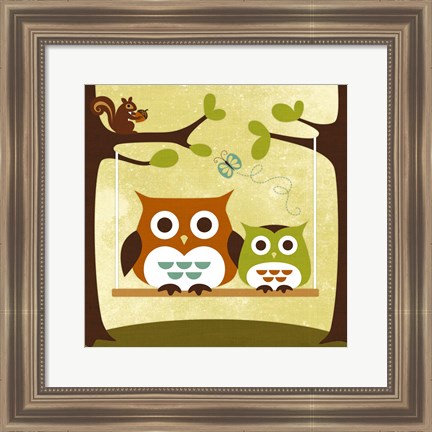 Framed Two Owls on Swing Print