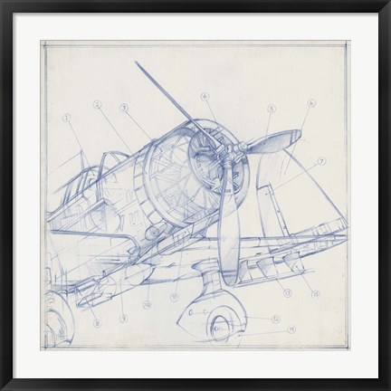 Framed Airplane Mechanical Sketch I Print