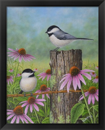 Framed Chickadees and Coneflowers Print