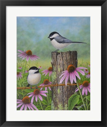 Framed Chickadees and Coneflowers Print