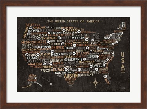 Framed US City Map Black Print