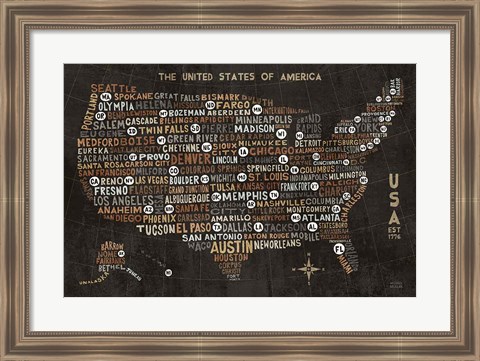 Framed US City Map Black Print