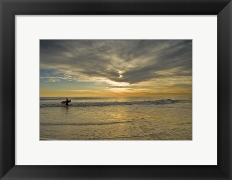 Framed Sunrise On Surfer With Board Walking Through Shore Waves, Cape May NJ Print