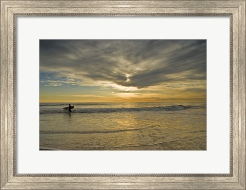 Framed Sunrise On Surfer With Board Walking Through Shore Waves, Cape May NJ Print