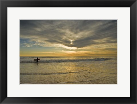 Framed Sunrise On Surfer With Board Walking Through Shore Waves, Cape May NJ Print