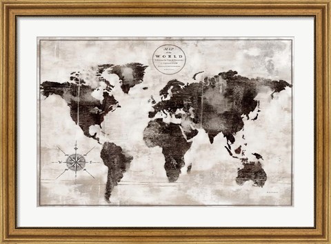 Framed Rustic World Map Black and White Print