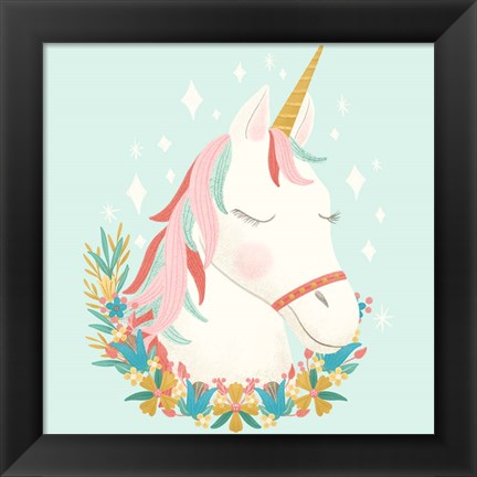 Framed Unicorns and Flowers I Print