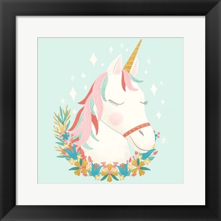 Framed Unicorns and Flowers I Print