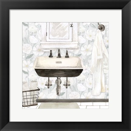 Framed White Floral Bath I Print