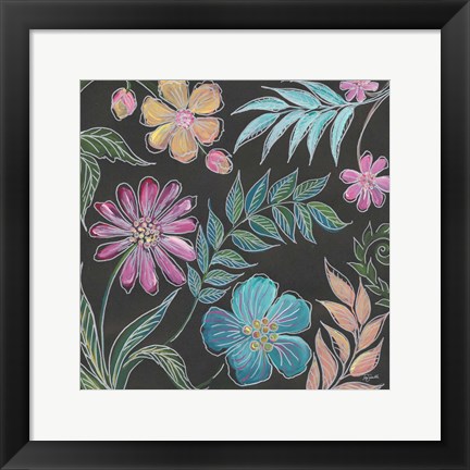 Framed Boho Florals on Black I Print