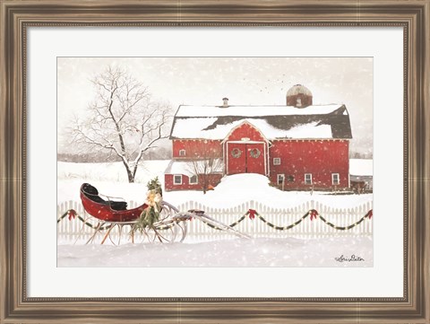 Framed Christmas Barn with Sleigh Print