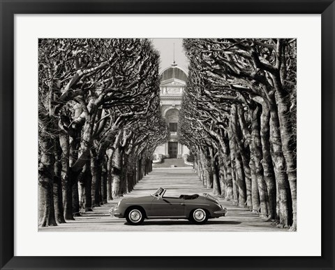 Framed Roadster in Tree Lined Road, Paris (BW) Print