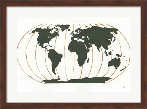 Framed World Map Gold Lines Print