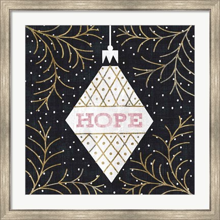 Framed Jolly Holiday Ornaments Hope Metallic Print
