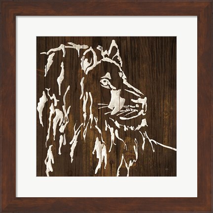 Framed White Lion on Dark Wood Print
