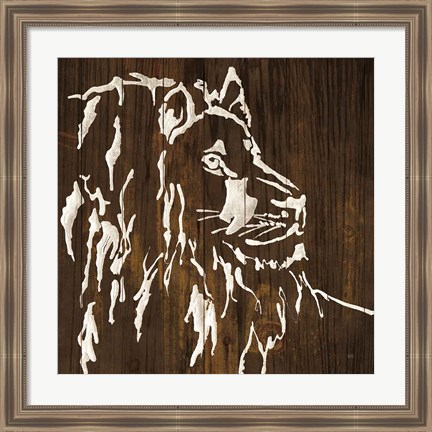 Framed White Lion on Dark Wood Print