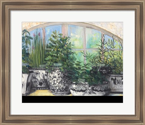Framed Windowsill Herbs BW Vases Crop Print