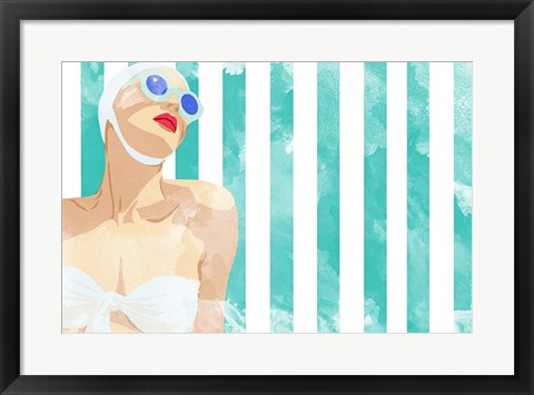 Framed Bathing Beauty on Teal Towel Print