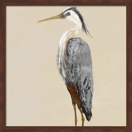 Framed Heron on Tan II Print