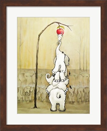 Framed Whimsical Elephants with Red Apple Print