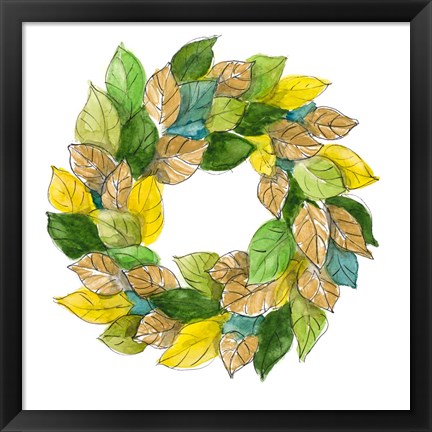 Framed Green Metallic Leaf Wreath Print