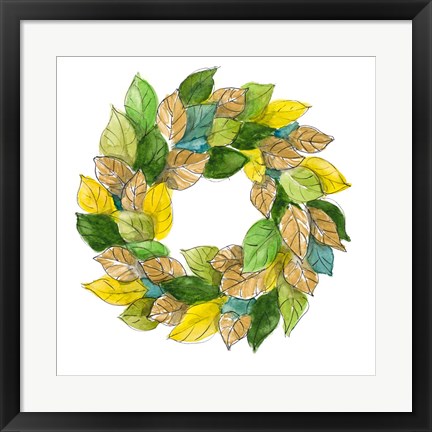 Framed Green Metallic Leaf Wreath Print