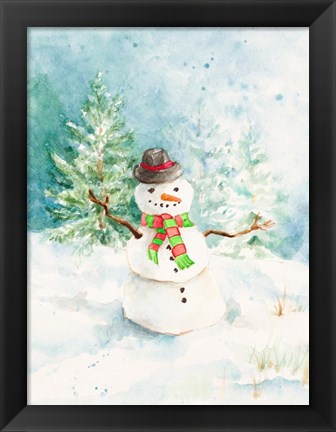 Framed Snowman in the Pines Print