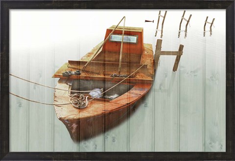 Framed Boat with Textured Wood Look III Print
