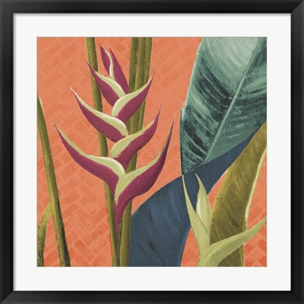 Framed Heliconias with Leaves on Orange Print