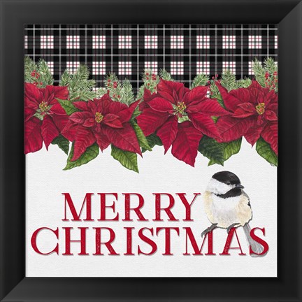 Framed Chickadee Christmas Red II Merry Christmas Print