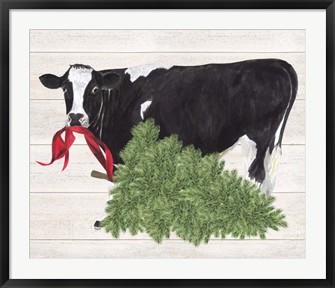 Framed Christmas on the Farm II Cow with Tree Print