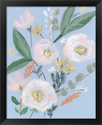 Framed Spring Bouquet on Blue II Print