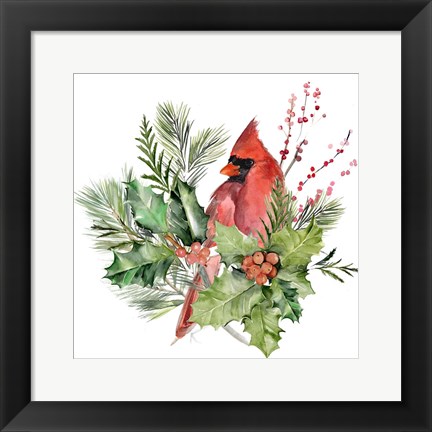 Framed Cardinal Holly Christmas I Print