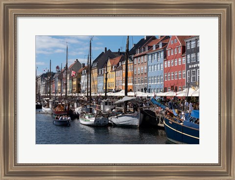 Framed Colorful Buildings, Boats And Canal, Denmark, Copenhagen Print