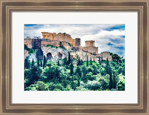 Framed Acropolis, Green Trees, Hill From Agora Temple Of Athena Nike Propylaea, Athens, Greece Print