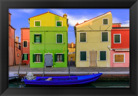 Framed Italy, Burano Colorful House Walls And Boat In Canal Print