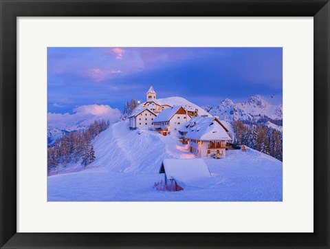 Framed Italy, Monte Lussari Winter Night At Ski Resort Print