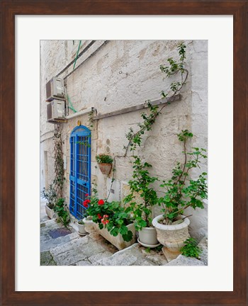 Framed Italy, Puglia, Brindisi, Itria Valley, Ostuni Blue Door And Potted Plants Print