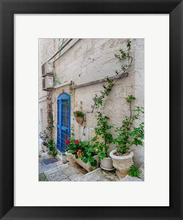 Framed Italy, Puglia, Brindisi, Itria Valley, Ostuni Blue Door And Potted Plants Print