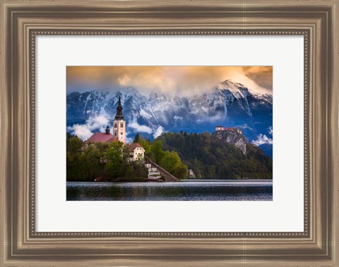 Framed Europe, Slovenia, Lake Bled Church Castle On Lake Island And Mountain Landscape Print