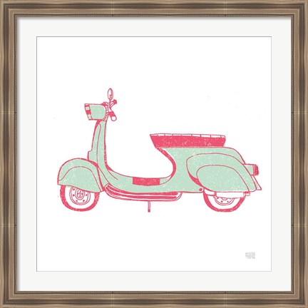 Framed Road Trip Vespa Pink Green Print