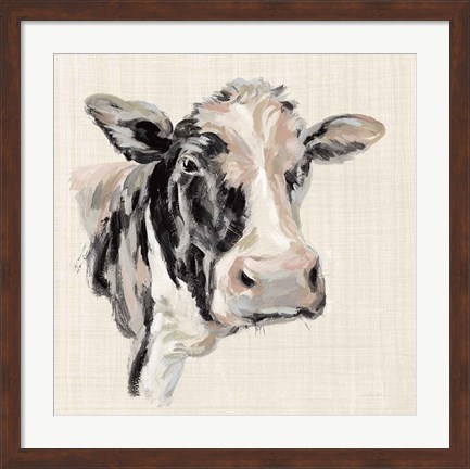 Framed Expressionistic Cow I Neutral Linen Print