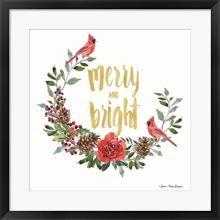 Framed Merry and Bright Wreath with Cardinals Print