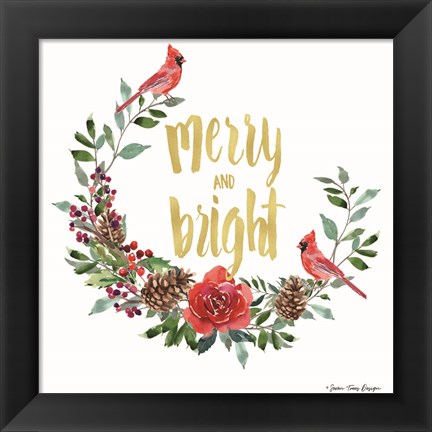 Framed Merry and Bright Wreath with Cardinals Print