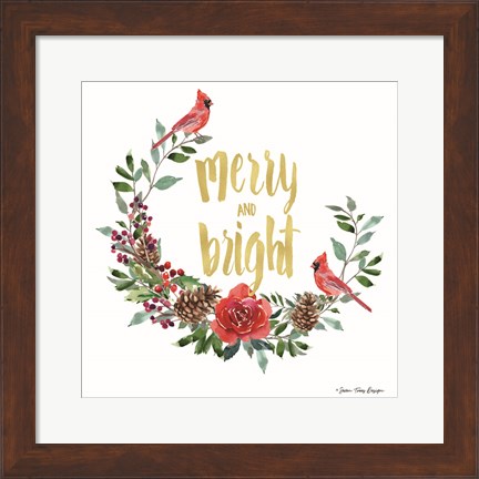 Framed Merry and Bright Wreath with Cardinals Print