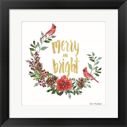 Framed Merry and Bright Wreath with Cardinals Print