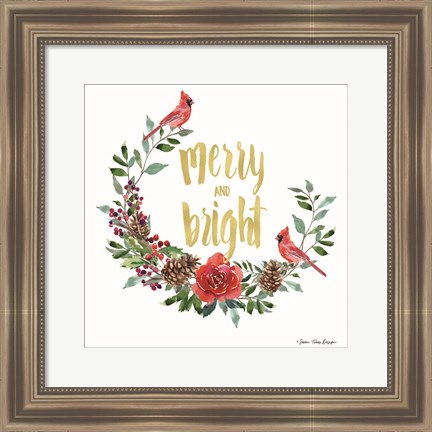 Framed Merry and Bright Wreath with Cardinals Print