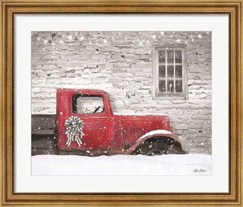 Framed Christmas Truck with Plaid Bow Print